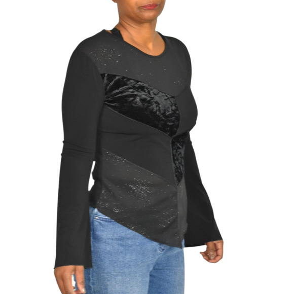 Vintage Ludmilla Bell Sleeve Top Black Velvet Sparkle Y2K France Patchwork Small - Picture 6 of 16